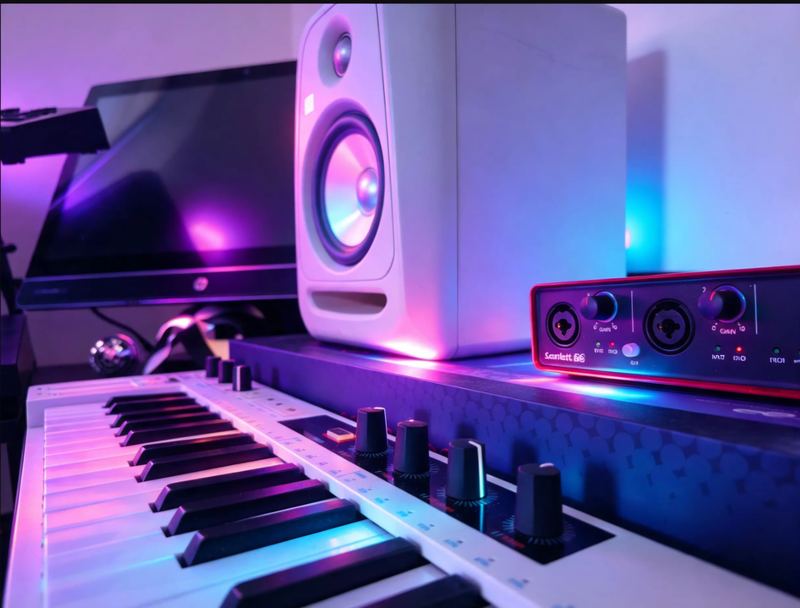Home studio: keyboard controller, studio monitor and audio interface