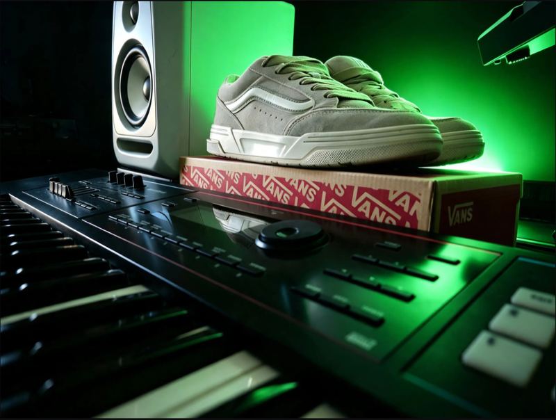 Grey Vans trainers on their box, resting on a keyboard beside a studio monitor