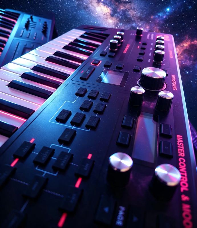 Close-up of a keyboard controller against a starry night-sky backdrop